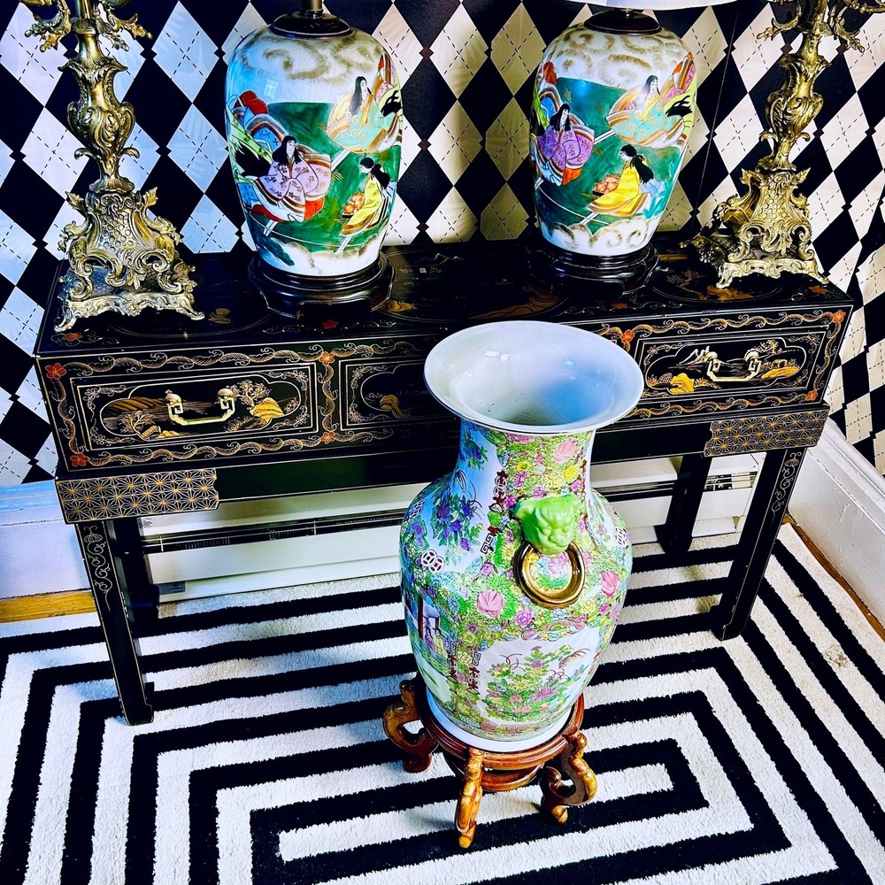 Vintage Famille Rose Floor Vase 2 Foot with Green and Gold Foo Dog Mask  Handles - Picture 6 of 12